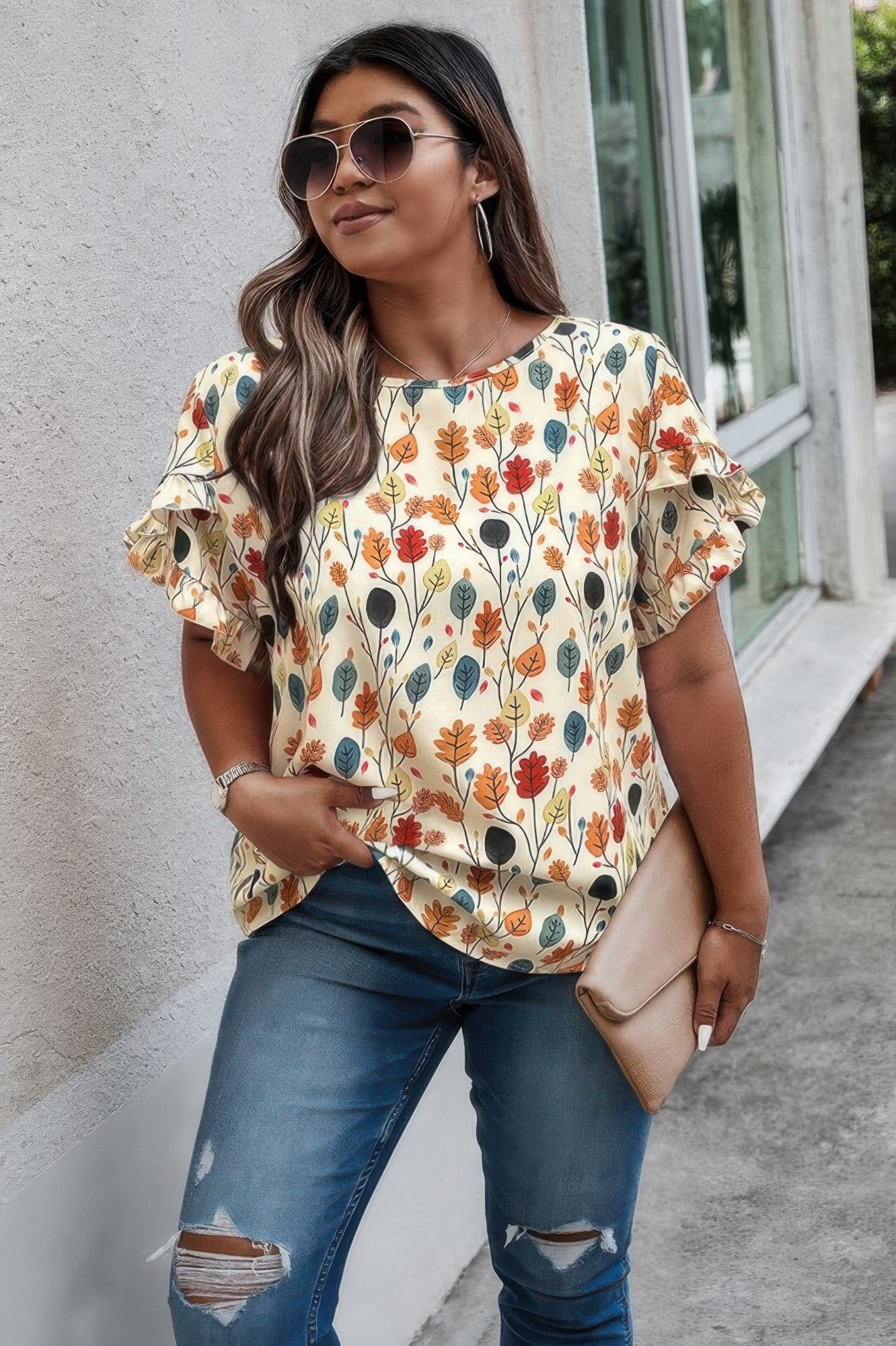 Plus Round Neck Floral Flounce Sleeve Loose Shirt - It's a Girly Place